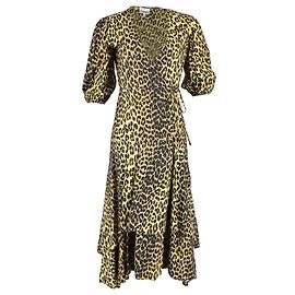 Vestido midi envolvente de algodón marrón con estampado de leopardo Ganni