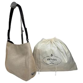Borsa vintage Prada Cleo in tela e pelle beige e nera