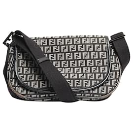 Fendi Borsa a spalla in tela Zucchino nera e grigia