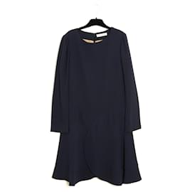Chloé 2015 Abito Blu Marino FR38 Crepe Blu Marino con Volant Abito Perfetto UK10 US8