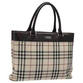 Borsa a mano in nylon beige con motivo Nova Check di BURBERRY, marrone scuro, argento autentico ep7479