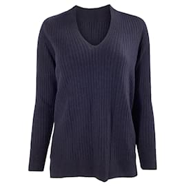 Iris & Ink V-Ausschnitt Rippstrickpullover aus marineblauem Kaschmir