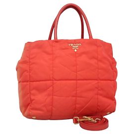 PRADA Handtasche Nylon 2 Wege Orange Gold Auth 115130