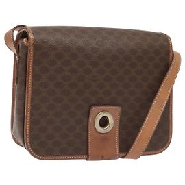 Céline Bolso de hombro de lona Macadam CELINE en cuero PVC marrón dorado Auth KD054