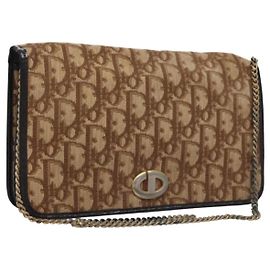Borsa a spalla in tela Trotter Christian Dior marrone oro Auth BD118