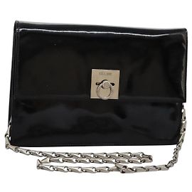 Céline Borsa a Spalla CELINE Chain Smalto Nero Argento Auth ar13323
