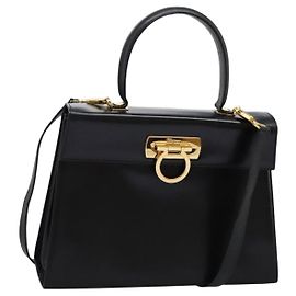Borsa a mano in pelle Gancini di Salvatore Ferragamo 2way Nero Oro Auth MY114