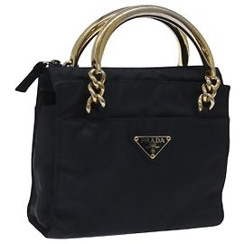 PRADA Borsa a mano in nylon blu navy oro Auth BA355