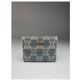 Céline Vintage Celine Paris Denim Leather Monogram wallet white blue