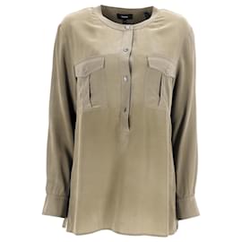 Theory Blusa de manga larga con medio botón en seda oliva