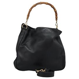 Borsa a mano in pelle GUCCI Bamboo 2 vie nera oro 001 1014 1577 0 Auth nb190