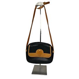 Borsa a tracolla in pelle vintage Courreges Paris nera e marrone