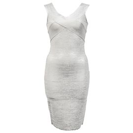 Mini abito in bandage criss cross Herve Leger in rayon argento