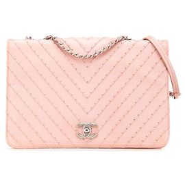 Chanel Rosa Chevron Pelle di Vitello Studded Full Flap
