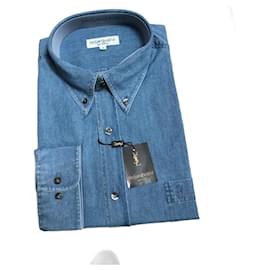 Camisa Yves Saint Laurent azul de algodón y poliéster