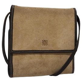 LOEWE Anagram Schultertasche aus Wildleder Beige Braun Gold Auth bs23167