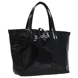 Salvatore Ferragamo Gancini Hand Bag Patent leather Black Silver Auth hk2206