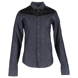  Saint Laurent Leather Trim Long Sleeve Shirt in Grey Cotton Denim
