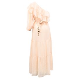 Vestido midi de un hombro con volantes Maje Racha en viscosa beige