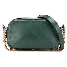 Borsa a tracolla a doppia zip in pelle di vitello cucita verde e gros-grain con bottoni Chanel