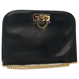Borsa a spalla in pelle Gancini Chain di Salvatore Ferragamo, blu navy e oro, autentica KD216