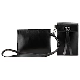 Pochette da collo VRing in pelle nera Valentino