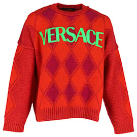Roter Wollpullover mit Versace-Logo und Argyle-Muster