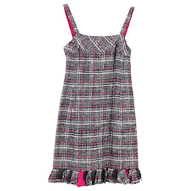 Vestido mini de tweed a cuadros con volantes en algodón gris y rosa de Chanel