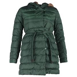 Max Mara Daunenjacke in Grün aus Polyamid mit Gürtel und Pelzbesatz