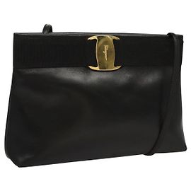 Borsa a Spalla Salvatore Ferragamo in Pelle Nera Oro Auth BA1003
