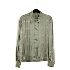 Chloe 1995s Top FR40 Camicia in seta plissettata verde UK12 US10 Lagerfeld Chloé