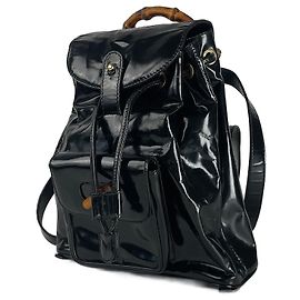 Zaino in pelle verniciata nera vintage Gucci Bamboo