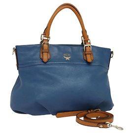 Borsa a mano in pelle MCM Vicetos Logogram 2 vie blu marrone Auth MY353
