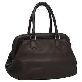Borsa a mano FENDI Celeria in pelle marrone argento Auth hk2399