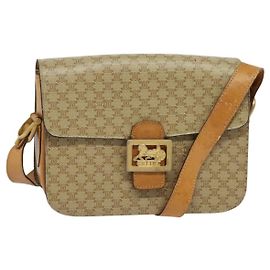 Céline Borsa a spalla in tela Macadam Celine con motivo carrozza a cavallo beige e oro Auth EC1008