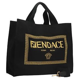 FENDI VERSACE Collaboration Fenderche Tote Bag aus Canvas 2way Schwarz Auth bs23664