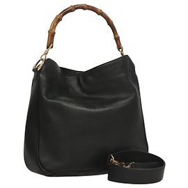 Bolso de mano de cuero GUCCI Bamboo 2 vías negro dorado 001 3444 1638 Auth BA755