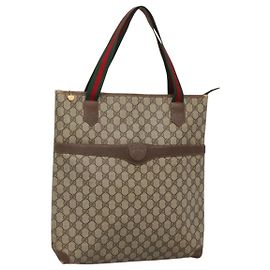 GUCCI GG Supreme Web Sherry Line Bolsa Tote PVC Beige Verde Rojo Auth BA943
