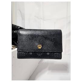 MCM Visetos Coated Canvas and Leather Flap Trifold Wallet Black/Grey