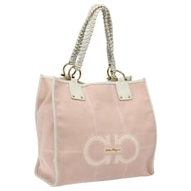 Gancini Tote Bag von Salvatore Ferragamo aus Canvas Leder Rosa Weiß Gold Auth EC754