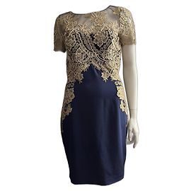 Marchesa Vestido de cóctel de encaje y seda dorado y azul marino