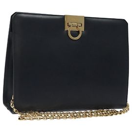 Borsa a spalla in pelle Gancini Chain di Salvatore Ferragamo, blu navy e oro, autentica BD1060