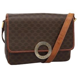 Céline Bolso de hombro de lona Macadam CELINE en cuero PVC marrón dorado Auth 116805