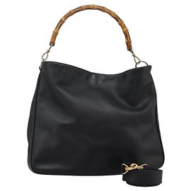 GUCCI Bamboo Hand Bag Leather 2way Black Gold 001 1781 1577 0 Auth 117029