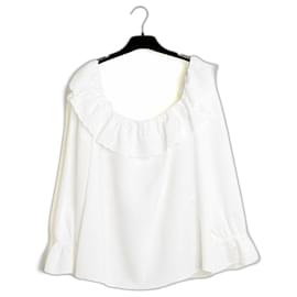 Celine 2020 Top FR40 Blanco Lino blusa con volantes UK12 US10 Céline