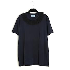 Prada 2017 Top dentelle FR40 Navy Jersey Lace collar T shirt Top UK12 US10