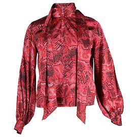 Blusa de satén de seda con estampado de serpiente en rojo de Ganni