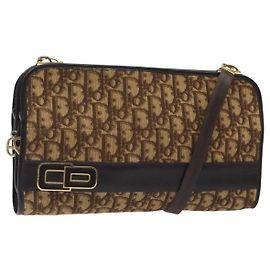 Borsa a spalla in tela Trotter Christian Dior marrone oro Auth ep8530