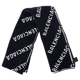 Sciarpa in lana blu navy con intarsia logo Balenciaga