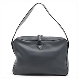 Prada Borsa a spalla con zip in pelle Daino blu navy